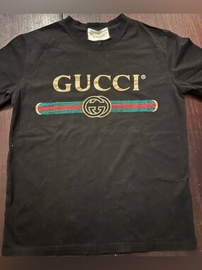 GG Black Tee with Gold Logo and Green-Red Stripe